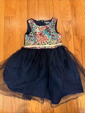 Atun Girls' Navy Tulle Dress with Multicolor Embroidered Bodice